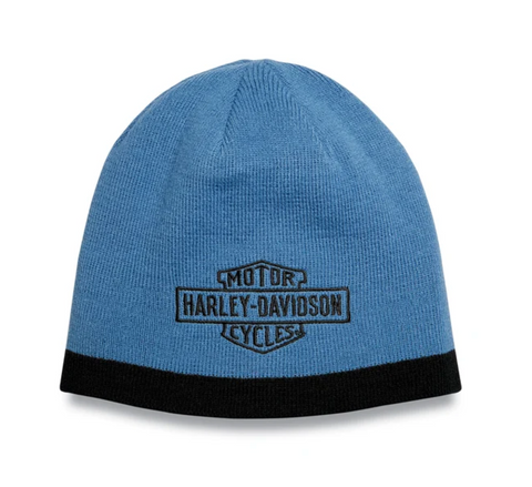 Contrast Bar & Shield Knit Hat - Dusty Blue