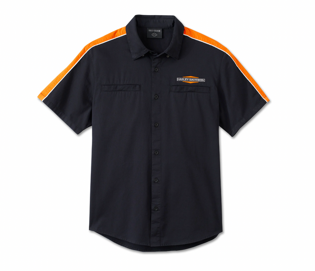 Men's Stacked Bar & Shield Short Sleeve Shirt - Colorblock - Harley Black & Harley Orange