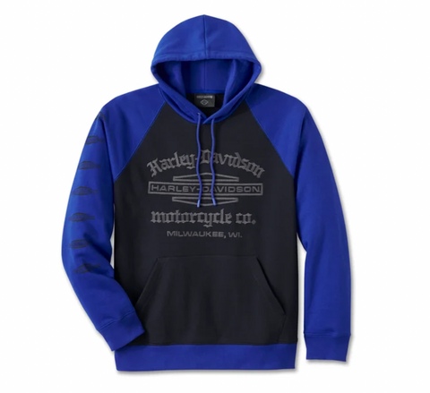 Men's Old English Stacked Bar & Shield Raglan Hoodie - Colorblocked - Ombre Blue & Harley Black