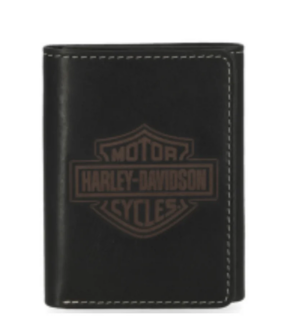 Harley-Davidson® Men's Embossed Bar & Shield Tri-Fold Leather Wallet - Black