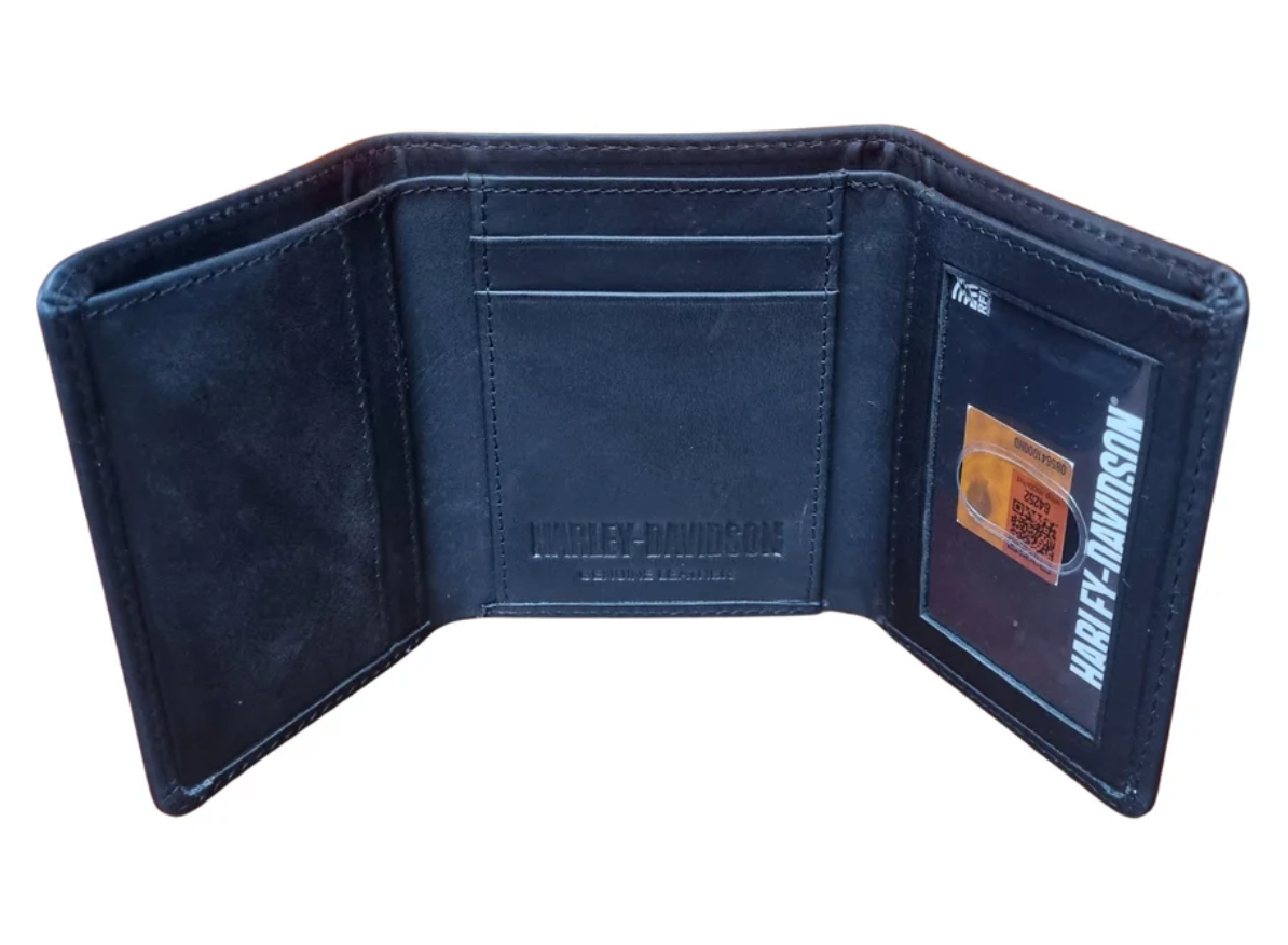 Harley-Davidson® Men's Embossed Bar & Shield Tri-Fold Leather Wallet - Black