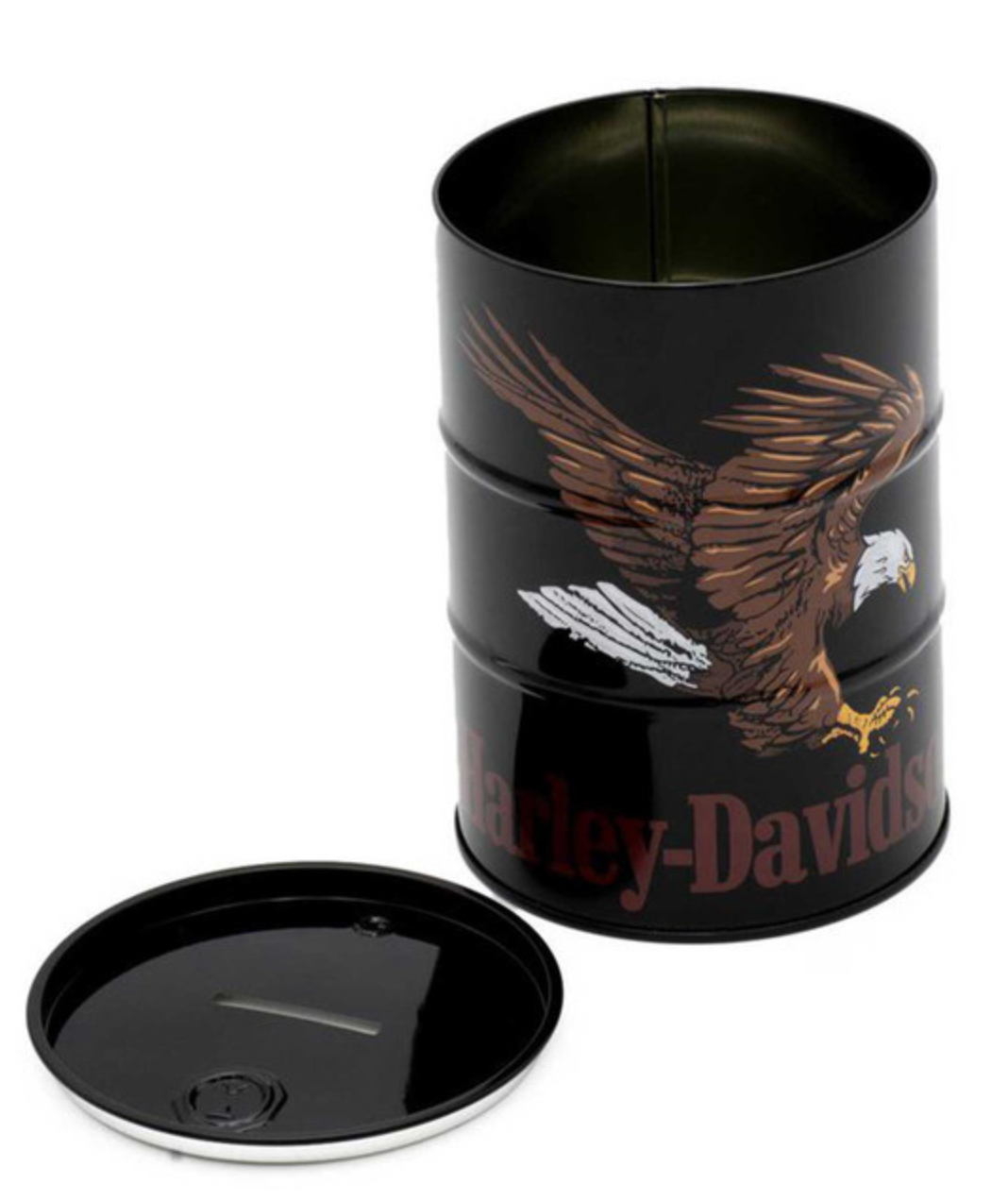 Harley-Davidson® Swooping Eagle Oil Barrel Tin Bank w/ Removable Lid - Black