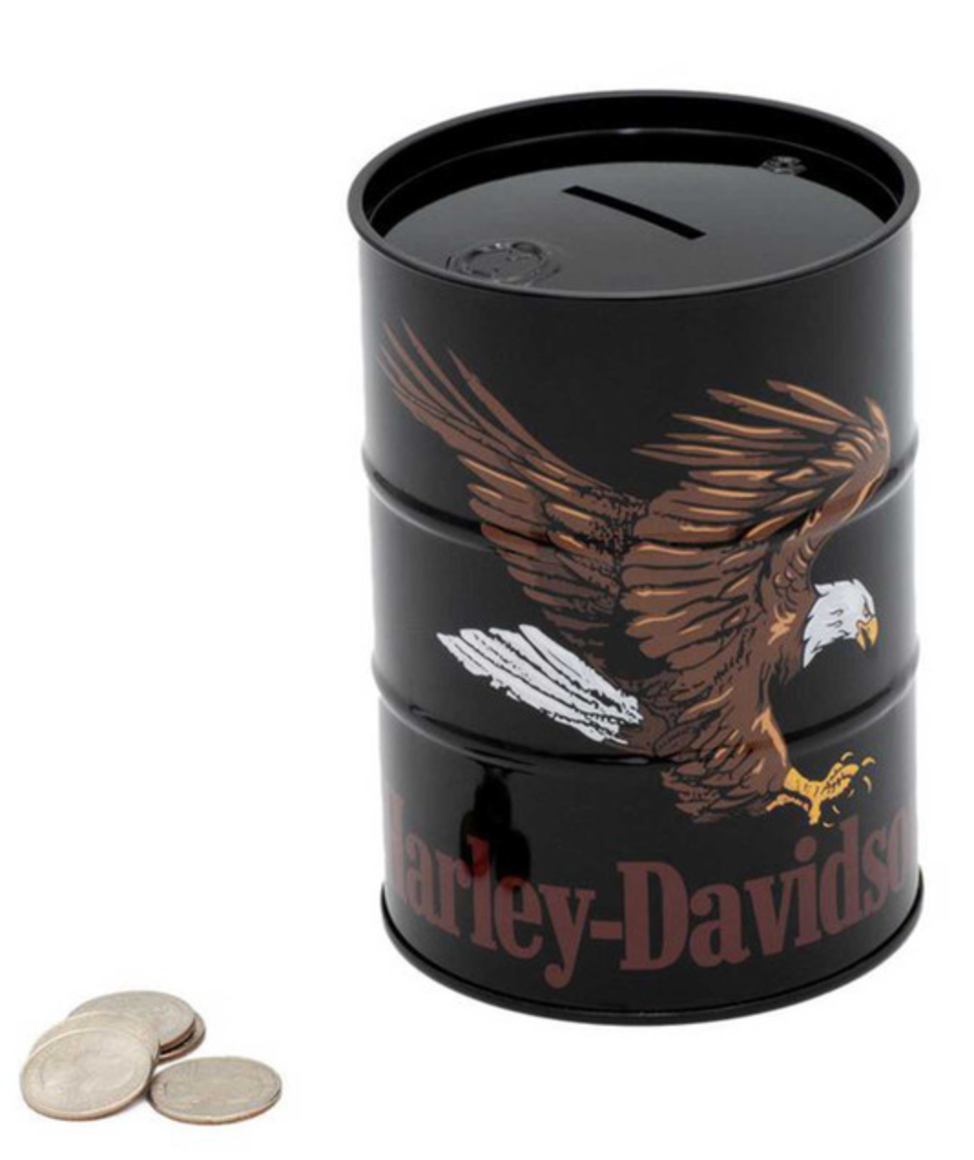 Harley-Davidson® Swooping Eagle Oil Barrel Tin Bank w/ Removable Lid - Black
