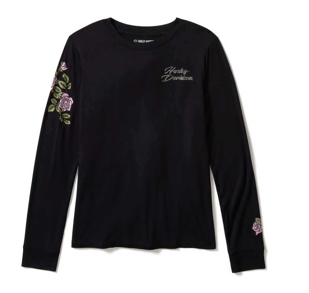 Women's Rose & Thorn Bling Long Sleeve Top - Harley Black