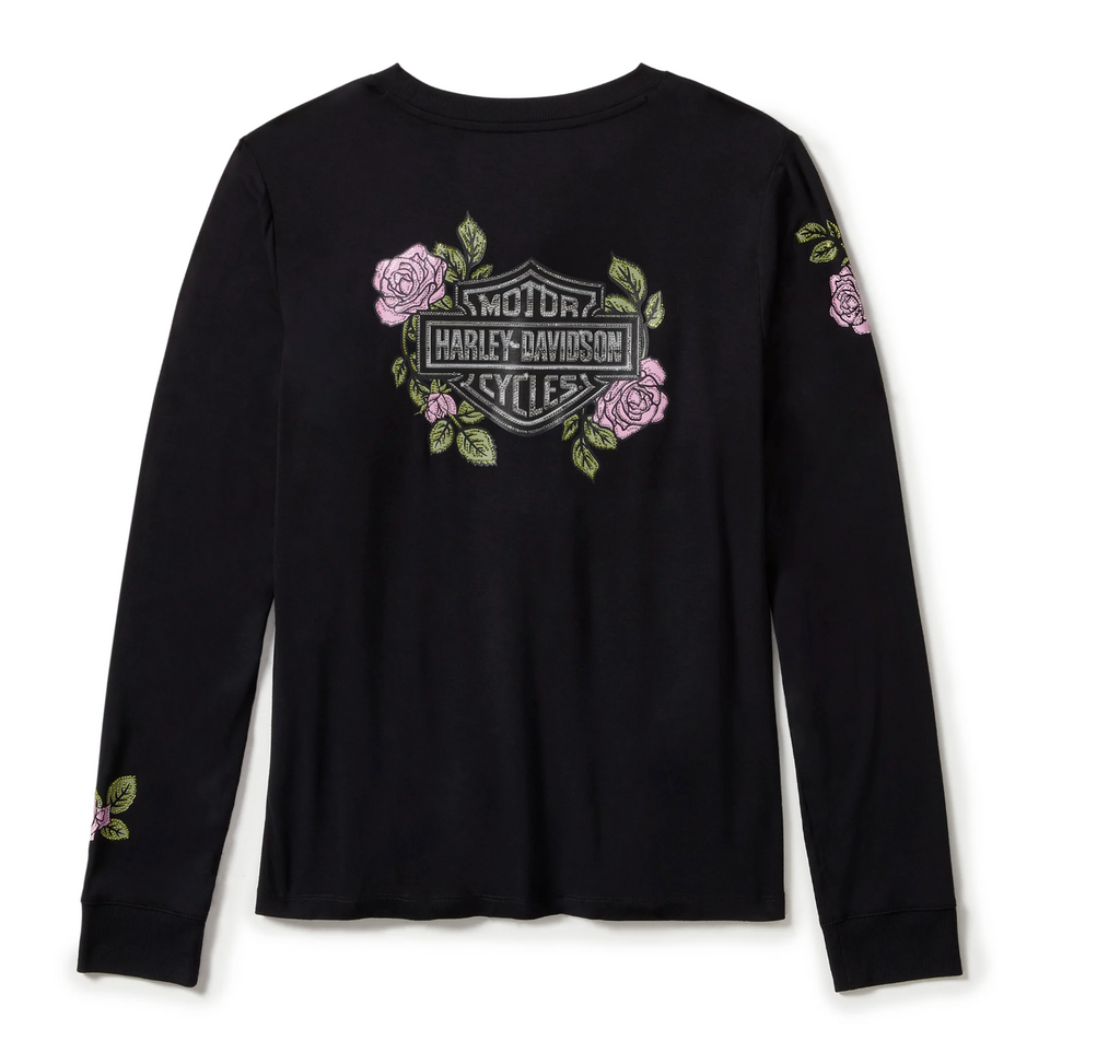 Women's Rose & Thorn Bling Long Sleeve Top - Harley Black