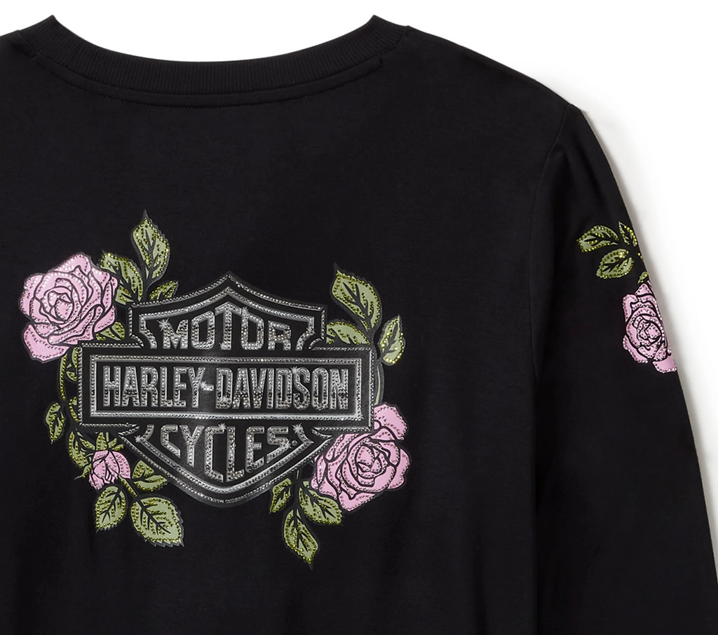 Women's Rose & Thorn Bling Long Sleeve Top - Harley Black