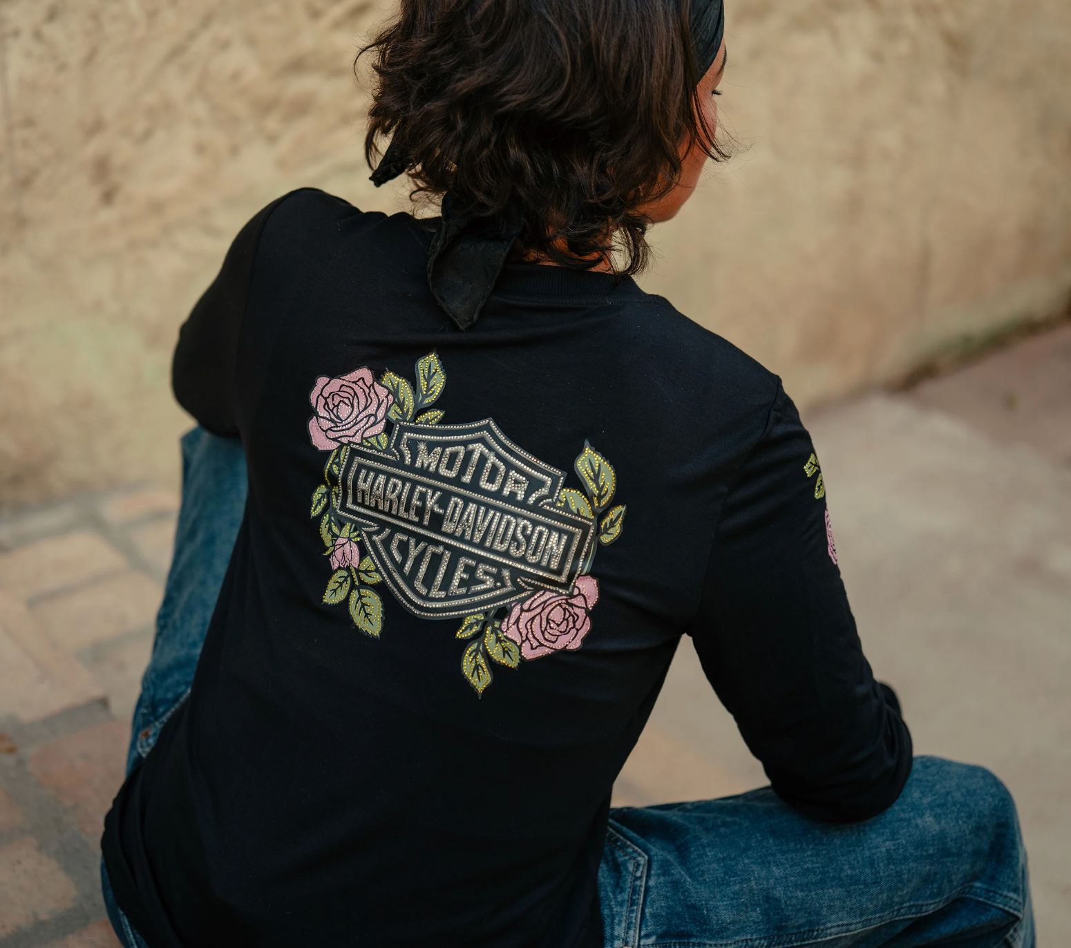 Women's Rose & Thorn Bling Long Sleeve Top - Harley Black