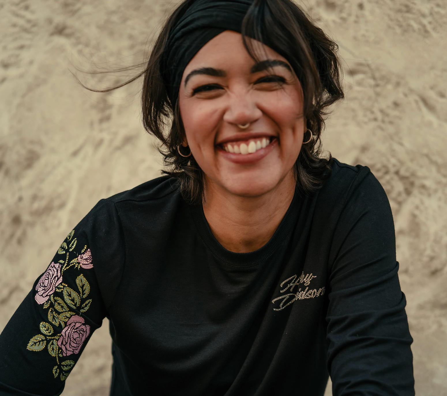 Women's Rose & Thorn Bling Long Sleeve Top - Harley Black