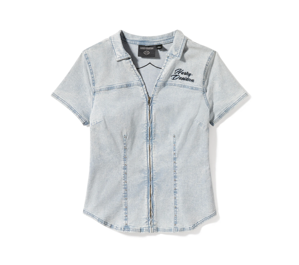 Women's Essential Bling Chambray Short Sleeve Zip Front Shirt