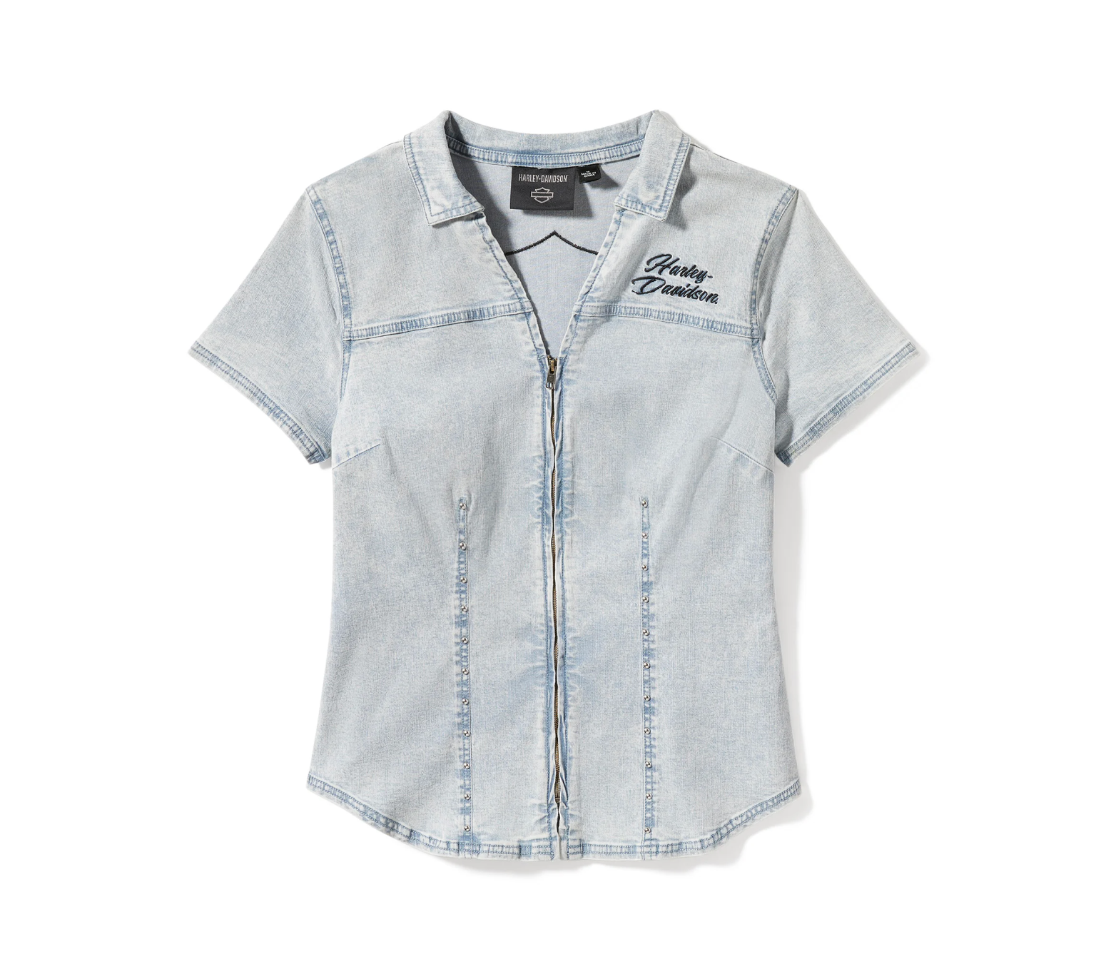 Women's Essential Bling Chambray Short Sleeve Zip Front Shirt