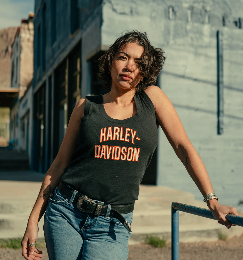 Women's Essential Arched Font Ribbed Tank - Harley Black