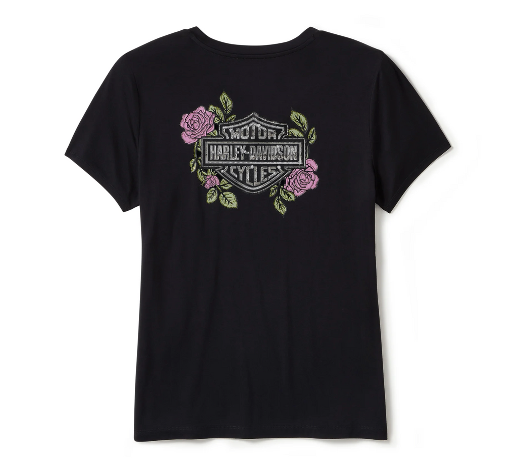 Women's Rose & Thorn Bling V Neck Tee - Harley Black