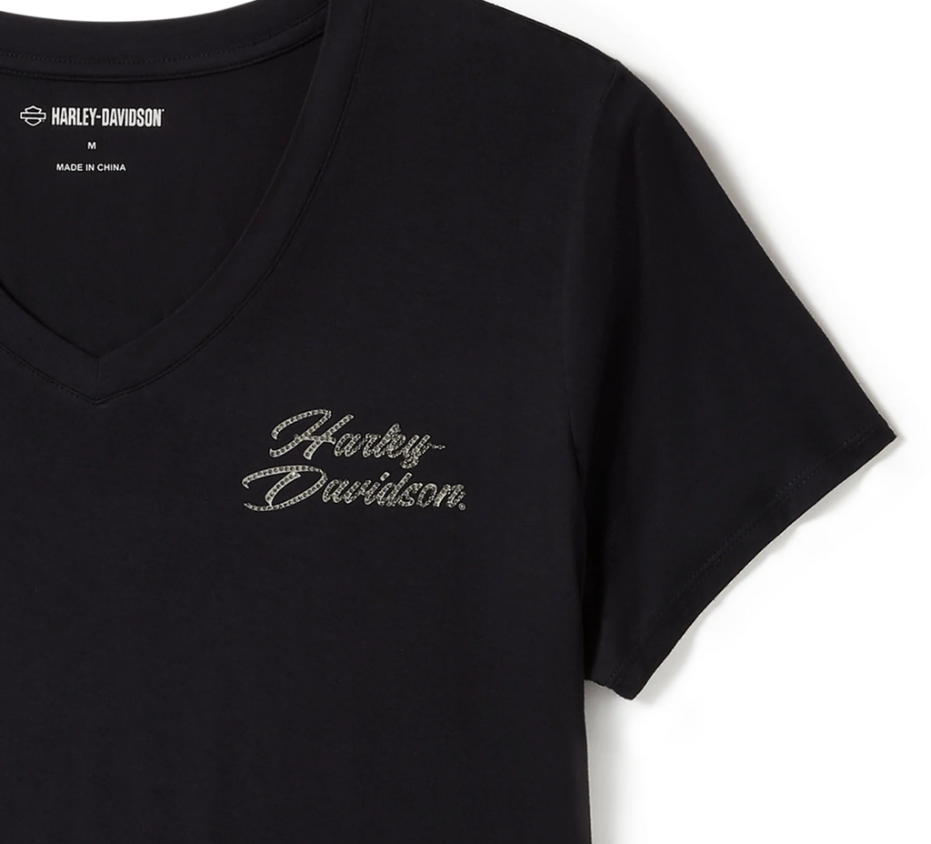 Women's Rose & Thorn Bling V Neck Tee - Harley Black