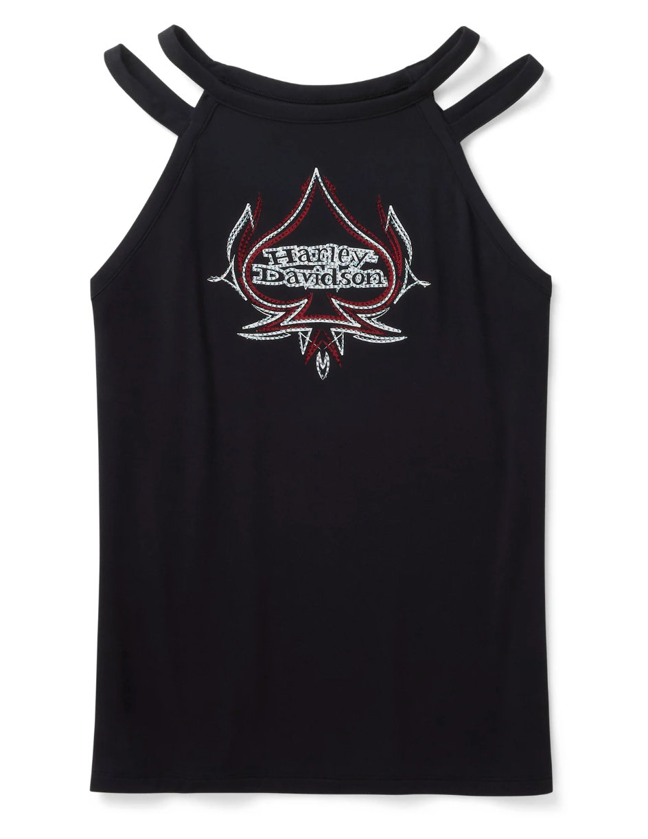 Women's Bling Spades Strappy High Neck Tank - Harley Black