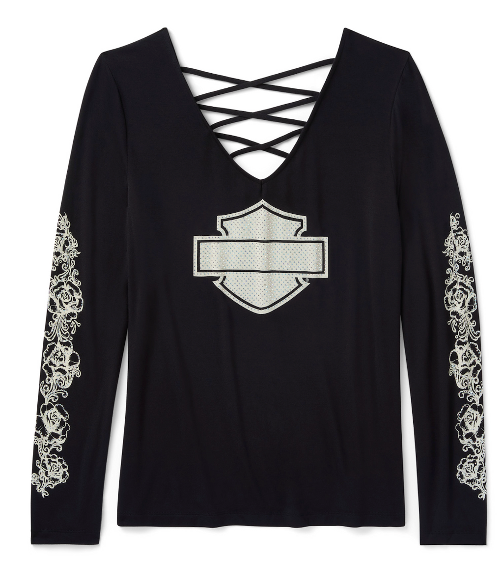 Women's Bling Chrome & Roses Long Sleeve Laced Back V Neck Tee