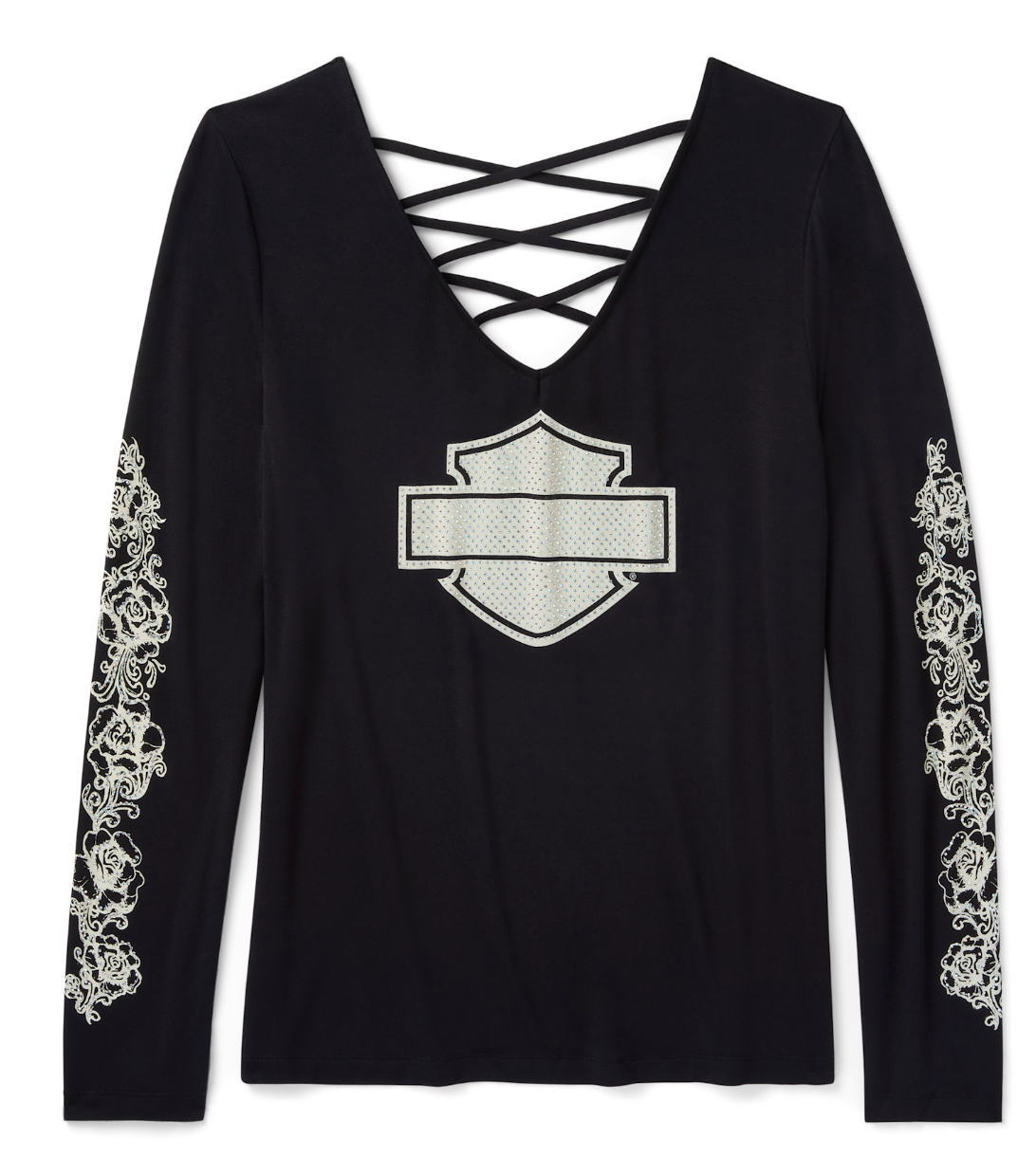Women's Bling Chrome & Roses Long Sleeve Laced Back V Neck Tee