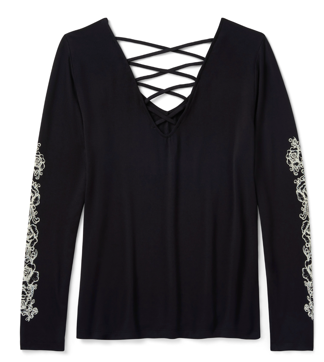 Women's Bling Chrome & Roses Long Sleeve Laced Back V Neck Tee