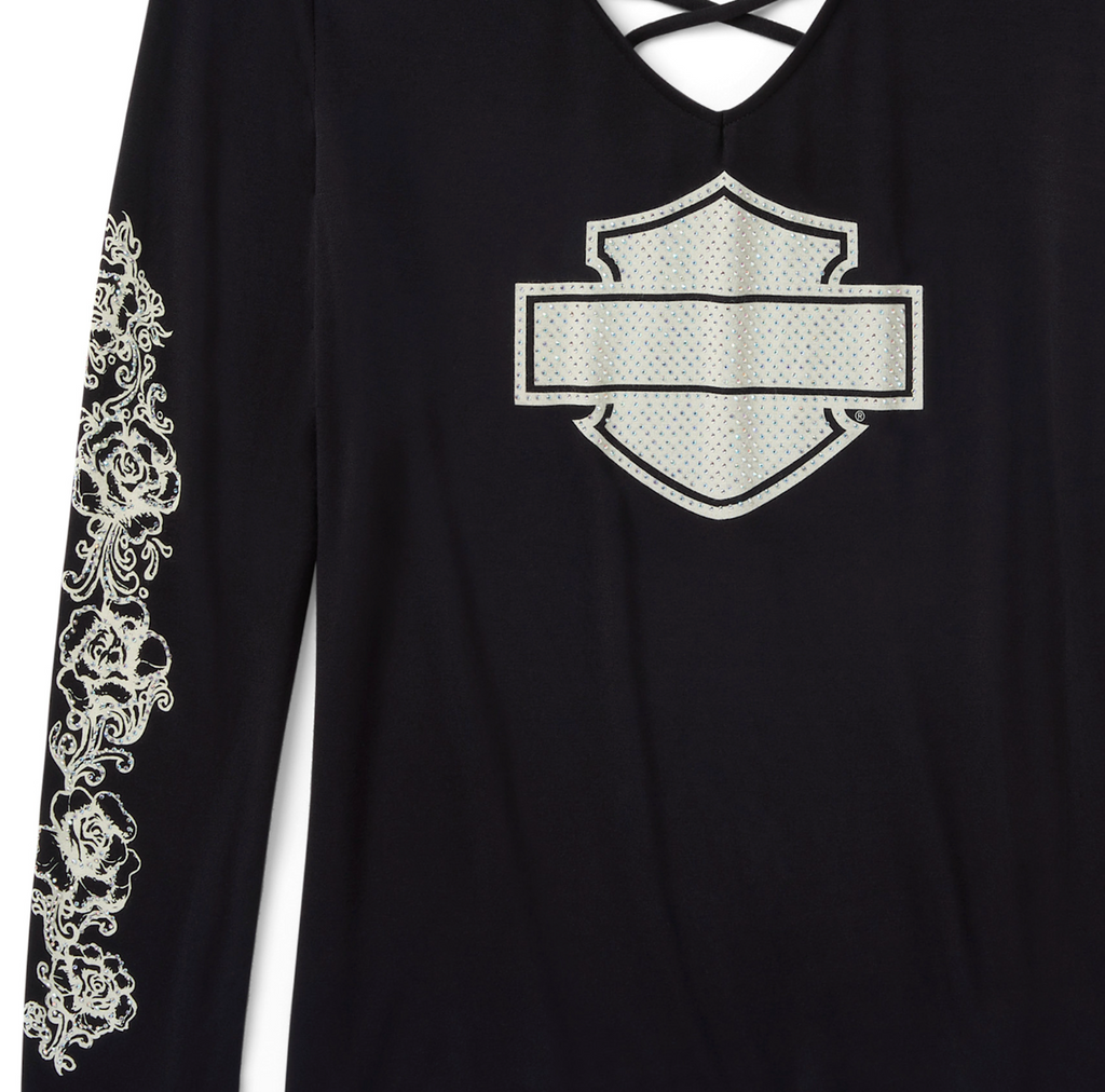 Women's Bling Chrome & Roses Long Sleeve Laced Back V Neck Tee