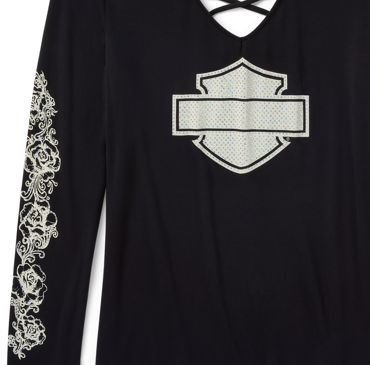 Women's Bling Chrome & Roses Long Sleeve Laced Back V Neck Tee