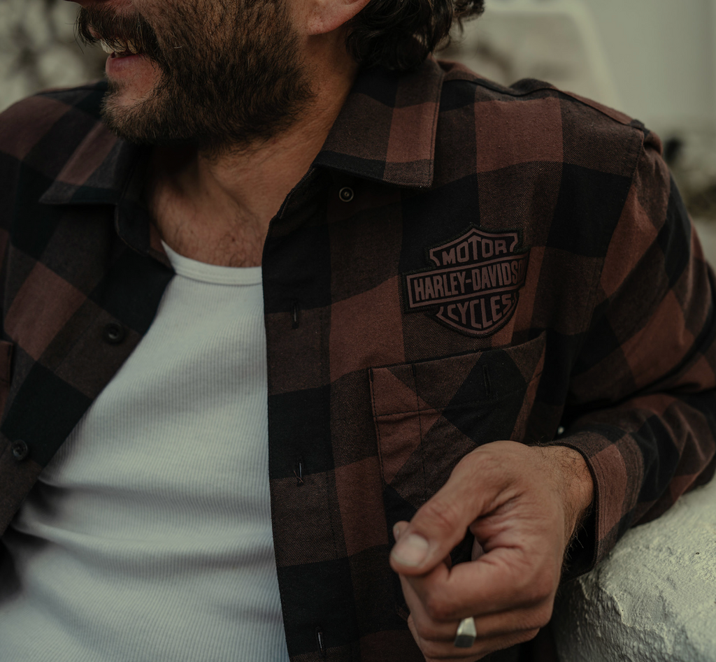 Men's Bar & Shield Buffalo Check Flannel - Plaid - Harley Black & Coffee