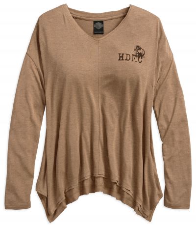 Harley-Davidson® Womens Slim Fit Raw-Edge Loose Fit Sharkbite Hem Brown Long Sleeve T-Shirt