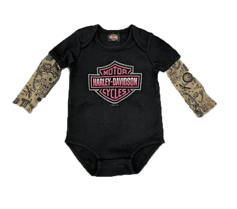 Harley-Davidson® Infant Girls' Black Creeper with Tattoo Sleeves-3000153