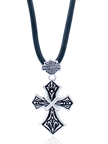 HARLEY-DAVIDSON® MENS .925 SILVER TRIBAL CROSS WITH B&S RUBBER CORD NECKLACE HDN0346