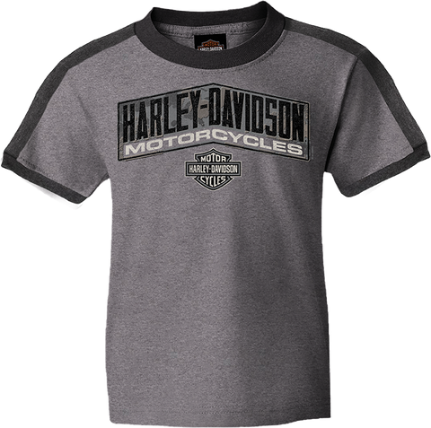HARLEY-DAVIDSON RUST BADGE YOUTH RINGER T-SHIRT GREY WITH STORE BACK PRINT